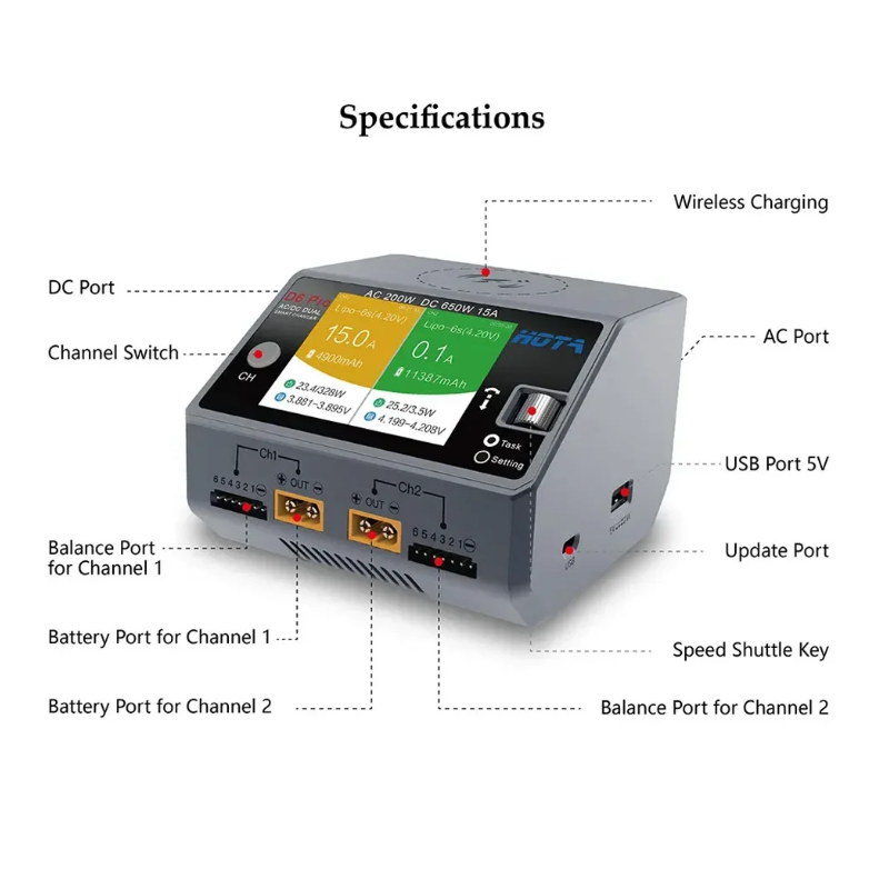 HOTA D6 Pro 200W AC/650W DC デュ - Hota D6 Pro Dual Lipo Charger のレビューと価格
